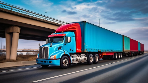 Une vue rapprochée convaincante d'un camion porte-conteneurs sur l'autoroute démontrant la force et la fiabilité du transport de fret moderne