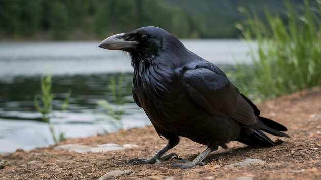 Photo vue rapprochée d'un corbeau au bec tranchant assis sur le sol juste à côté d'un lac