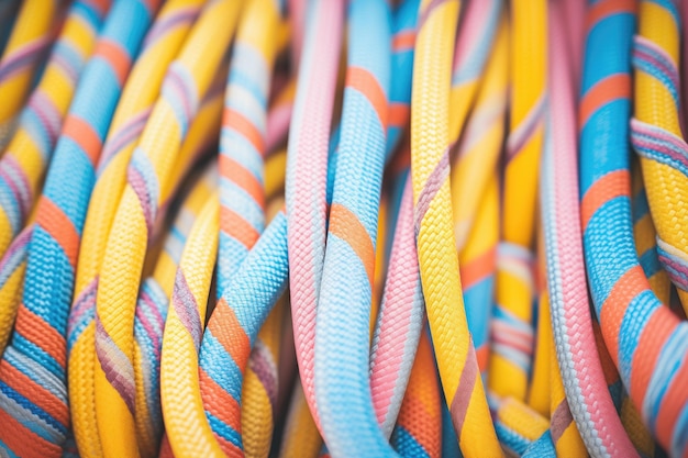 Vue rapprochée des cordes d'escalade colorées bien enroulées