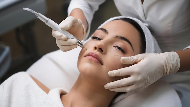 Vue rapprochée d'un cosmétologue-esthéticienne appliquant un traitement de dermapen facial sur le visage d'une jeune femme
