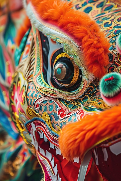 Vue rapprochée des costumes de danse du dragon, des motifs détaillés pendant le Nouvel An chinois, des couleurs vives.