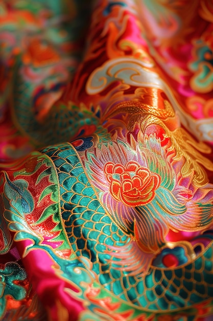 Vue rapprochée des costumes de danse du dragon, des motifs détaillés pendant le Nouvel An chinois, des couleurs vives.