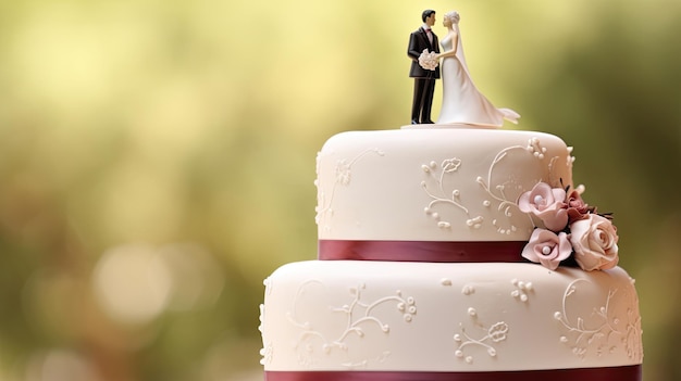 Vue rapprochée d'un couple de figurines sur le gâteau de mariage