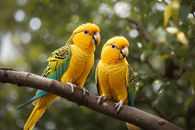 Vue rapprochée d'un couple de perroquets dorés sur un arbre