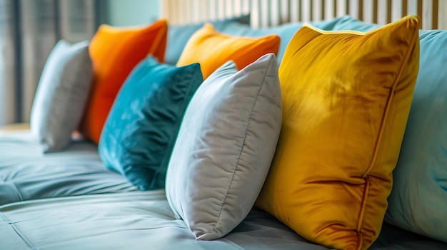 Vue rapprochée de coussins doux et colorés confortables sur le lit Appartement élégant et à la mode de la maison de l'IA générative