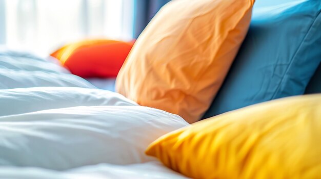 Vue rapprochée de coussins doux et colorés confortables sur le lit Appartement élégant et à la mode de la maison de l'IA générative