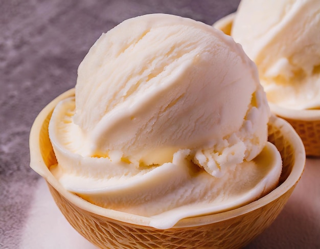 Vue rapprochée de la crème glacée à la vanille sur un fond blanc