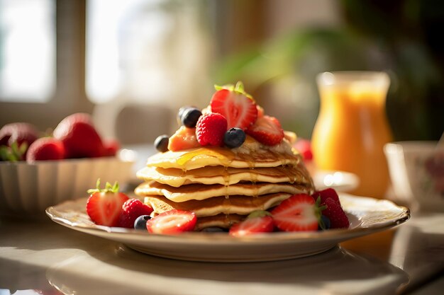 Vue rapprochée des crêpes avec des baies fraîches et du miel sur l'assiette