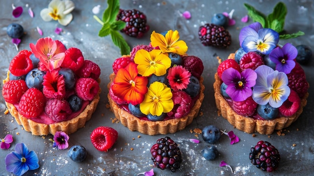 Vue rapprochée d'un cupcake avec des baies et des fleurs