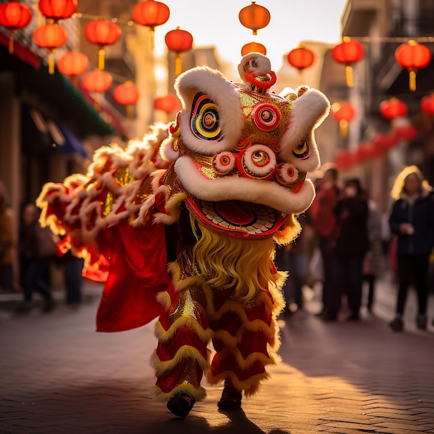 Vue rapprochée de la danse du lion chinois au Nouvel An lunaire.