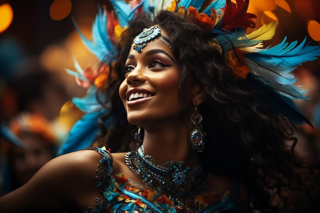 Vue rapprochée de la danseuse et des fêtards excités lors de la marche annuelle du carnaval dans la ville avec un costume rose et jaune coloré