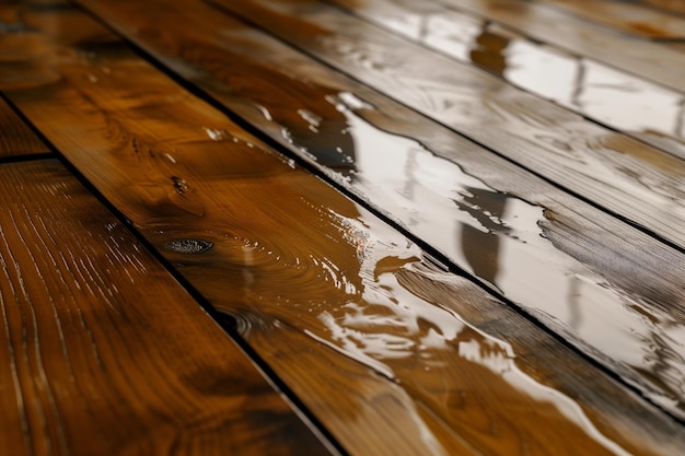 Photo vue rapprochée de la déformation et de l'inclinaison des planchers en bois dur humide