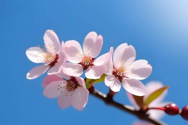 Photo vue rapprochée des délicates fleurs de cerises roses sur un ciel bleu vif par une journée ensoleillée de printemps