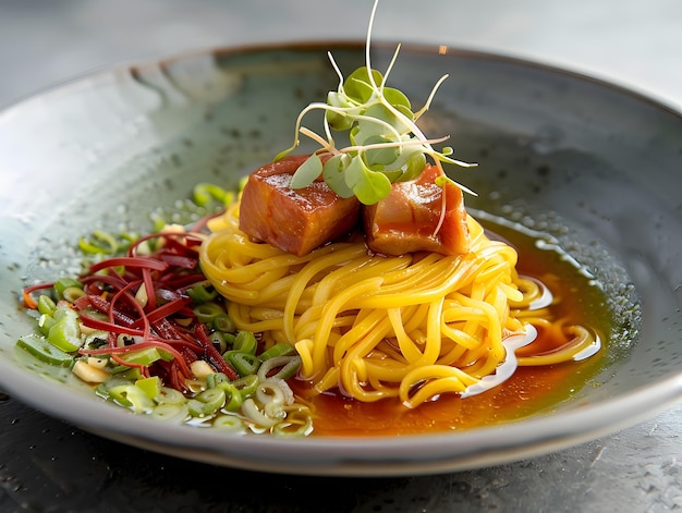 Vue rapprochée d'une délicieuse assiette de nouilles chinoises et de viande savoureuse