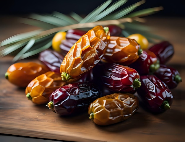 Vue rapprochée de délicieux fruits de palmier sur une table à manger en bois pour l'Iftar Ramadan Kareem Arrière-plan islamique Copier l'espace