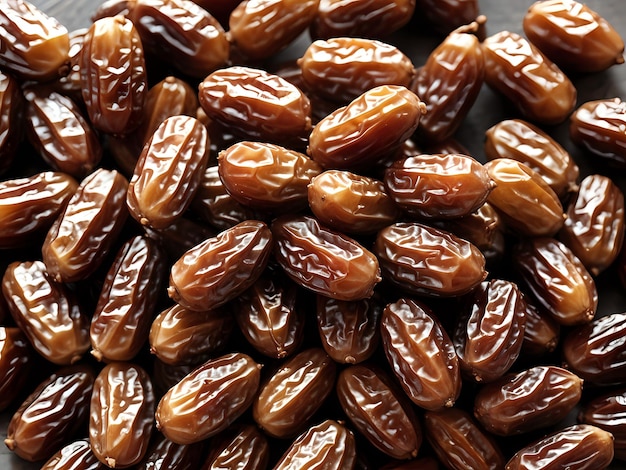 Vue rapprochée de délicieux fruits de palmier sur une table à manger en bois pour l'Iftar Ramadan Kareem Arrière-plan islamique Copier l'espace