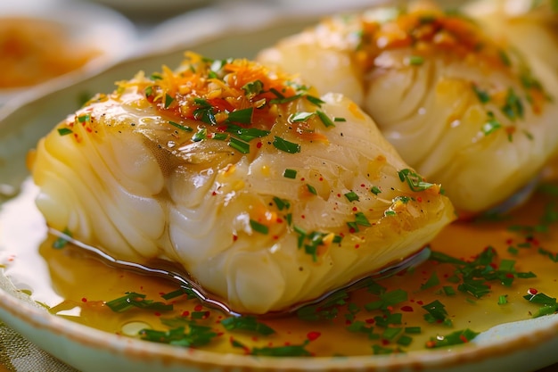 Vue rapprochée des délicieux rouleaux de chou traditionnels en sauce savoureuse garnis d'herbes fraîches