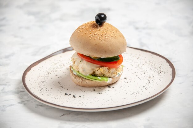 Vue rapprochée d'un délicieux sandwich fait maison sur une assiette sur une surface blanche tachée avec espace libre