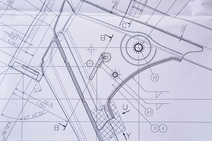 Photo vue rapprochée d'un dessin d'ingénierie technique sur papier