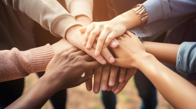 Vue rapprochée de dessus des jeunes mettant leurs mains ensemble Amis avec une pile de mains montrant l'unité et le travail d'équipe