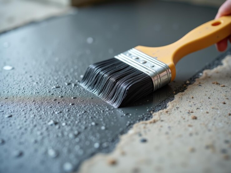 Vue rapprochée détaillée d'un pinceau de peinture appliquant du mastic de bitume pour des solutions d'étanchéité efficaces