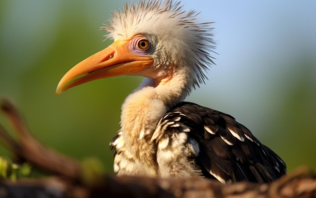 Vue rapprochée détaillée d'un poussin de corne à bec jaune