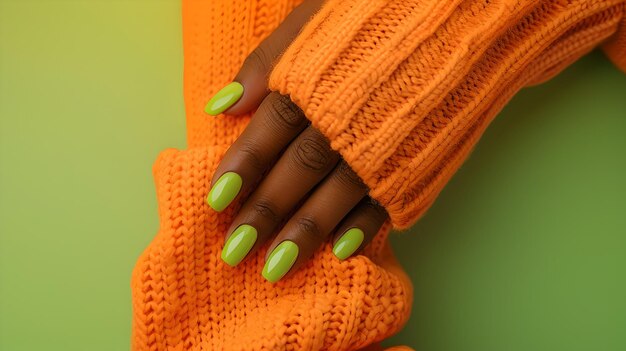 Photo vue rapprochée de deux mains avec du vernis à ongles vert sur un pull orange style d'art des ongles à la mode et concept de tendance couleurs d'automne vibrantes ai