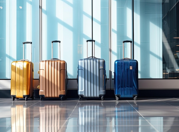 Vue rapprochée de deux valises en plastique debout dans le couloir vide de l'aéroport Des sacs à bagages élégants attendant dans le hall du terminal créés avec la technologie d'intelligence artificielle générative