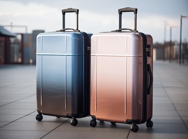 Vue rapprochée de deux valises en plastique debout dans le couloir vide de l'aéroport Des sacs à bagages élégants attendant dans le hall du terminal créés avec la technologie d'intelligence artificielle générative