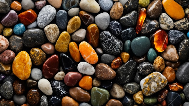 Vue rapprochée de différentes roches et pierres de couleurs, y compris l'orange, le noir, le blanc et le brun