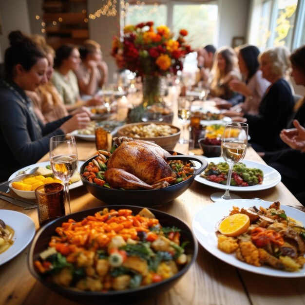 vue rapprochée de la dinde de table festive faite pour le jour de Thanksgiving avec la famille ensemble