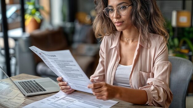 Vue rapprochée d'une directrice des ressources humaines lisant un CV lors d'un entretien d'embauche en ligne à distance virtuel