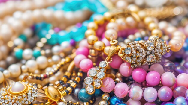 Vue rapprochée de divers bijoux de costume aux couleurs vives