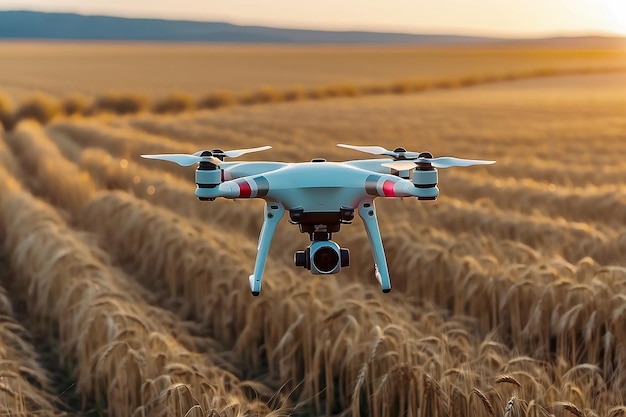 Vue rapprochée d'un drone en mouvement pulvérisant des pesticides, des engrais ou de l'eau sur un champ de blé cultivé