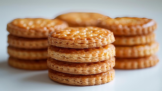 Vue rapprochée du biscuit sur fond blanc avec des biscuits ronds dorés