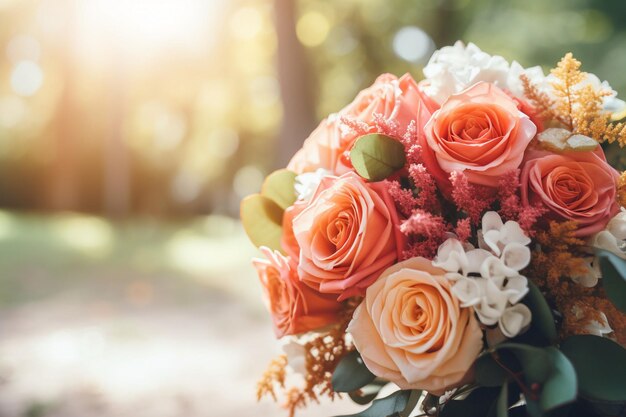 Vue rapprochée du bouquet avec l'anneau de fiançailles de la mariée en focus