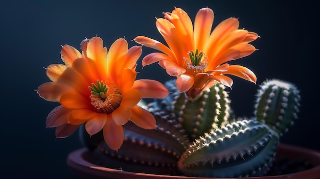 Photo vue rapprochée du cactus à fleurs d'orange rebutia fabrisii dans un petit pot ia générative