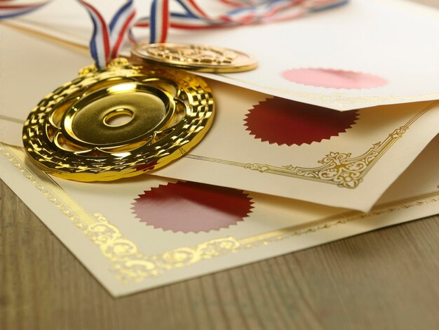 Photo vue rapprochée du certificat et de la médaille en blanc sur la table en bois