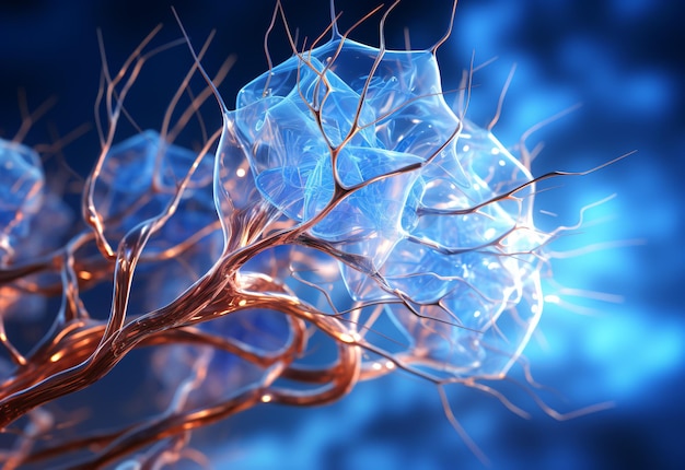 Photo vue rapprochée du cerveau humain représentant les neurones et les extensions neuronales en activité