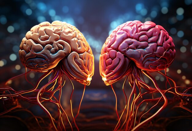 Vue rapprochée du cerveau humain représentant les neurones et les extensions neuronales en activité