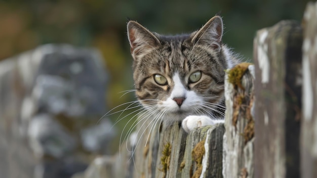 Vue rapprochée du chat sur la clôture en bois