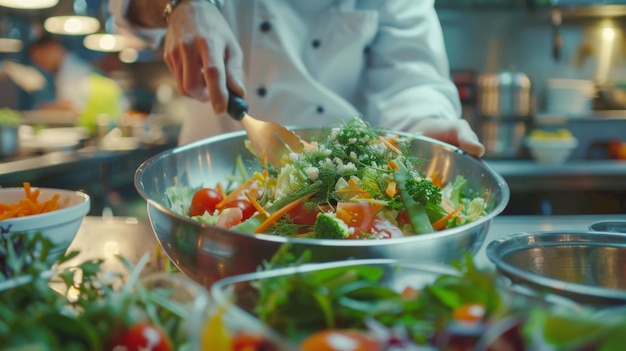 Vue rapprochée du chef d'un restaurant cuisinant des légumes de salade vue proche d'une salade de poulet