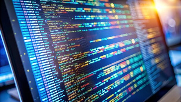Vue rapprochée du code de la page web de l'ordinateur à l'intérieur d'un fichier html Big data et Internet des choses tendance Code source de l'application web sur le moniteur