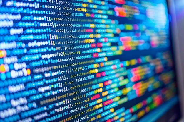 Vue rapprochée du code de la page web de l'ordinateur à l'intérieur d'un fichier html Big data et Internet des choses tendance Code source de l'application web sur le moniteur