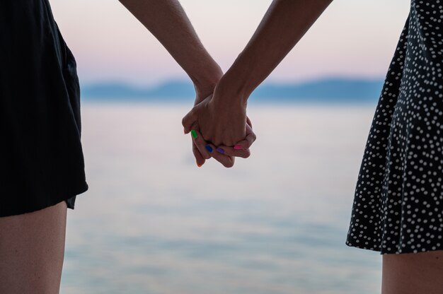 Vue rapprochée du couple gay lesbien tenant par la main debout au bord de la mer du soir.