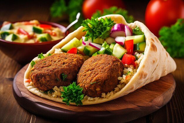 Photo vue rapprochée du falafel en train d'être ramassé d'un panier à frire