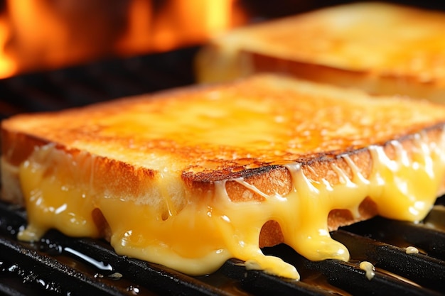 Vue rapprochée du fromage en fusion sur une presse à panini chaude pour un sandwich au fromage