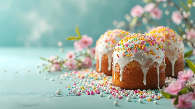 Vue rapprochée du gâteau de Pâques sur fond bleu