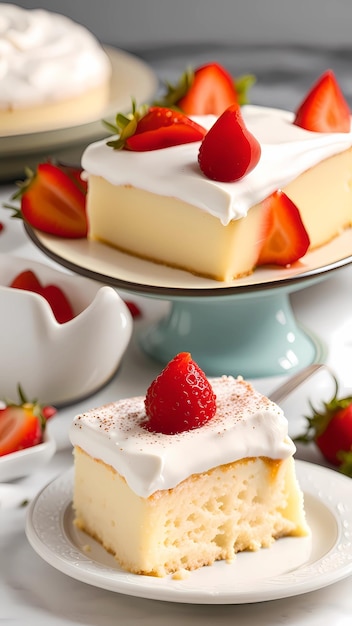 Vue rapprochée du gâteau tres leches avec de la crème blanche et des fraises sur le dessus