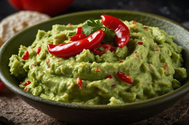 Vue rapprochée du guacamole garni de piment rouge